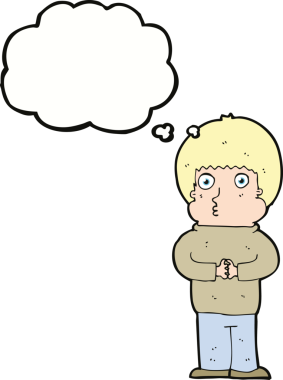Bir insan tarafından çizilmiş düşünce kabarcığı olan utangaç bir çocuk.