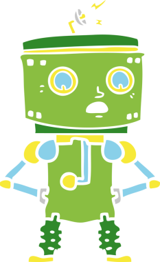 Düz renkli çizgi film robotu. Elleri kalçasında bir insan tarafından çizilmiş.