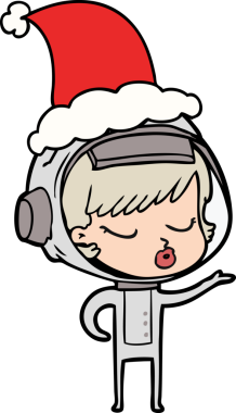 Bir insan tarafından çizilmiş Noel Baba şapkası giyen güzel bir astronot kızın el çizimi.