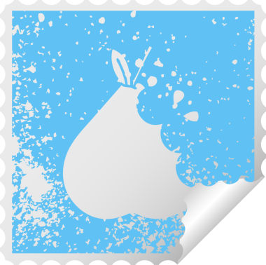 Bir insan tarafından çizilmiş yeşil bir armutun kare soyulmuş çıkartması.