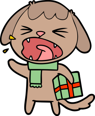 Bir insan tarafından çizilmiş Noel hediyesi olan sevimli bir çizgi film köpeği.