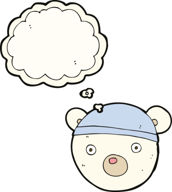 Bir insan tarafından çizilmiş düşünce baloncuklu şapka takan kutup ayısı yavrusu.