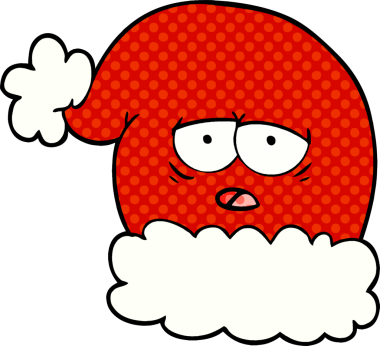 Bir insan tarafından çizilmiş yorgun yüzlü Noel Baba şapkası.