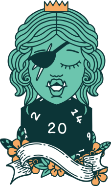 Retro Dövme Biçimli Ork karakteri bir insan tarafından çizilmiş 20 zar ile