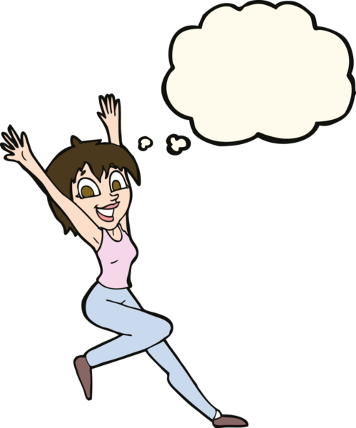 Bir insan tarafından çizilmiş düşünce baloncuğu olan heyecanlı bir kadın.