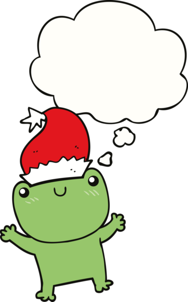 Bir insan tarafından çizilmiş düşünce baloncuklu Noel şapkası takan sevimli bir kurbağa.