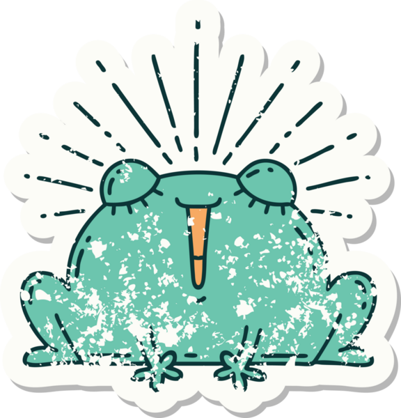 Dövme stili eski bir çıkartma. Bir insan tarafından çizilmiş mutlu kurbağa.