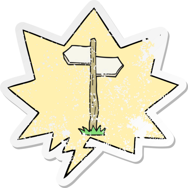 Bir insan tarafından çizilmiş, sıkıntılı eski bir çıkartma ile konuşma baloncuğu ile çizgi film eski yön işareti