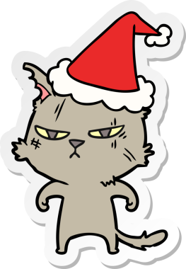 Bir insan tarafından çizilmiş Noel Baba şapkası takan bir kedinin sert el yazısı.