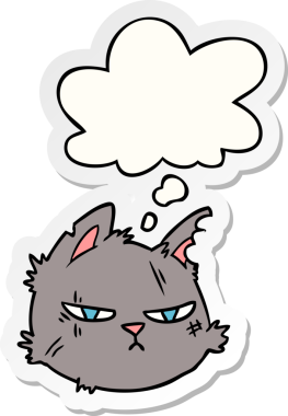 Düşünce baloncuklu sert kedi yüzü insan tarafından çizilmiş bir çıkartma.