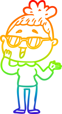 Bir insan tarafından çizilmiş gözlük takan mutlu bir kadının çizgi çizimi.