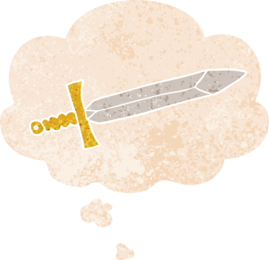 Düşünce baloncuğu ve grunge ile çizgi film kılıcı bir insan tarafından çizilmiş sıkıntılı retro stil