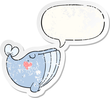 Aşk dolu karikatür balinası, konuşma baloncuğu, bir insan tarafından çizilmiş kederli eski bir çıkartma.