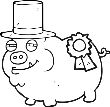 Bir insan tarafından çizilmiş siyah beyaz çizgi film ödüllü domuz resmi.