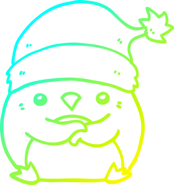 Bir insan tarafından çizilmiş noel şapkası giyen sevimli bir penguen çizimi.