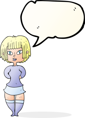 Bir insan tarafından çizilmiş serbest konuşma balonu çizgi filmi mutlu kadın.