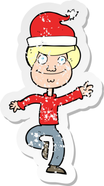 Bir insan tarafından çizilmiş Noel 'e hazır karikatürcü bir adamın gerilimli çıkartması.