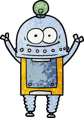 Bir insan tarafından çizilmiş ampullü mutlu karton robot.