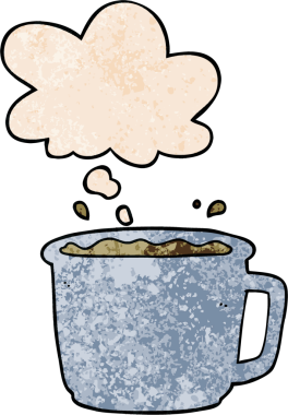 Bir insan tarafından çizilmiş grunge desenli düşünce baloncuklu çizgi film kahve fincanı.