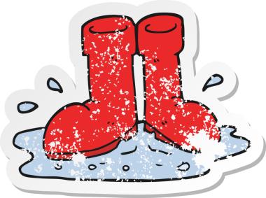 Bir insan tarafından çizilmiş su birikintisindeki Wellington çizmelerinin gerilimli yapıştırması.