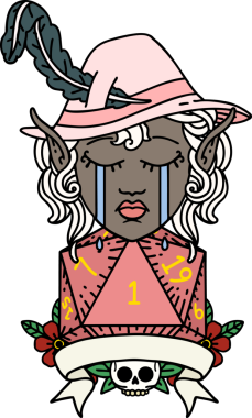 Retro Dövme Tarzı Ağlayan Elf Ozan Karakteri Bir insan tarafından çizilmiş doğal D20 rulo