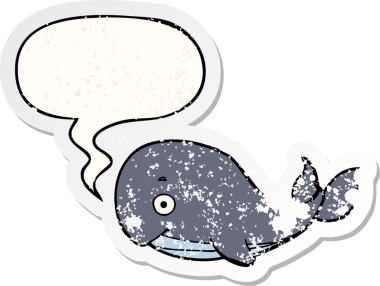 Konuşma baloncuğu olan karikatür balinası bir insan tarafından çizilmiş sıkıntılı eski bir çıkartma