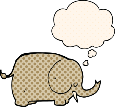Bir insan tarafından çizilmiş çizgi roman tarzında düşünce baloncuğu olan bir fil.