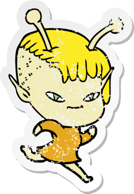 Bir insan tarafından çizilmiş sevimli uzaylı bir kızın sıkıntılı çıkartması.