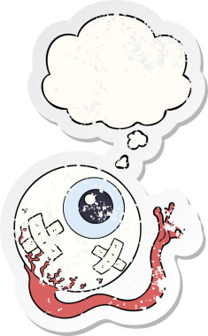 Düşünce baloncuklu çizgi film yaralı göz bir insan tarafından çizilmiş yıpranmış bir çıkartma gibi