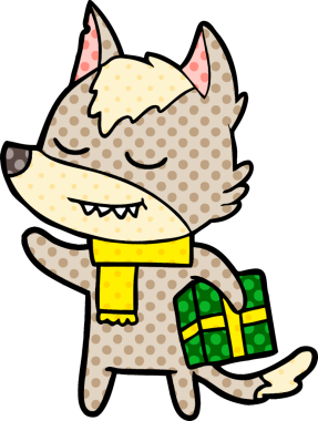 Bir insan tarafından çizilmiş Noel hediyesini taşıyan dost canlısı çizgi film kurdu.