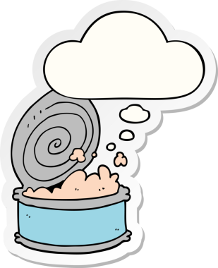 Düşünce baloncuklu konserve balığı insan tarafından çizilmiş bir çıkartma.