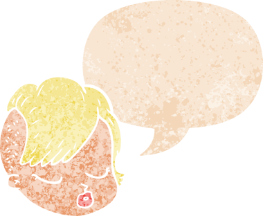 Bir insan tarafından çizilmiş, grunge 'de konuşma baloncuğu olan karikatür kadın yüzü.