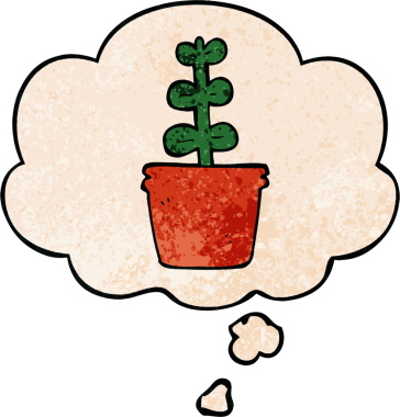 Bir insan tarafından çizilmiş grunge desenli düşünce baloncuklu çizgi film evi bitkisi.