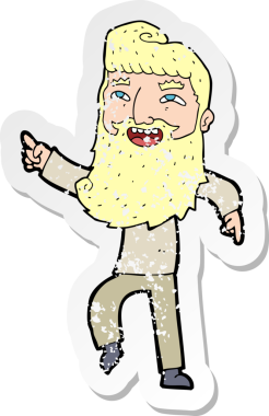 Bir insan tarafından çizilmiş, gülen ve işaret edilen sakallı bir karikatürcünün retro sıkıntılı çıkartması.