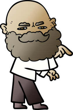 Bir insan tarafından çizilen ve kaşlarını çatan sakallı bir çizgi film adamı.