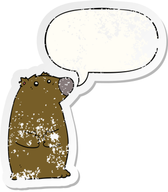 Konuşma baloncuğu olan çizgi film ayısı bir insan tarafından çizilmiş sıkıntılı eski bir çıkartma