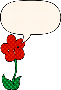 Bir insan tarafından çizilmiş çizgi roman tarzında konuşma baloncuğu olan karikatür çiçeği.