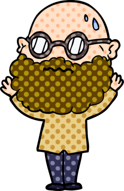 Bir insan tarafından çizilmiş sakallı ve gözlüklü endişeli bir adam.