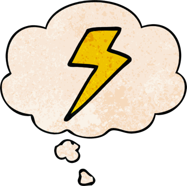Bir insan tarafından çizilmiş grunge desenli düşünce baloncuklu çizgi film yıldırımı.