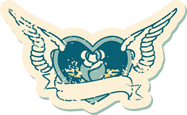 Bir insan tarafından çizilmiş çiçek ve pankartıyla uçan bir kalbin sembolik dövmeli resmi.