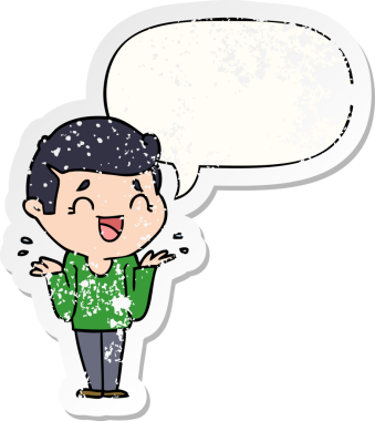 Gülen karikatür, şaşkın bir adam konuşma baloncuğu ile sıkıntılı eski bir çıkartma bir insan tarafından çizilmiş