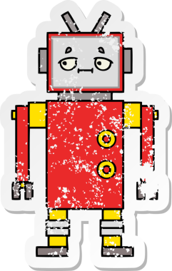 Bir insan tarafından çizilmiş sevimli bir robot çizgi film çıkartması.