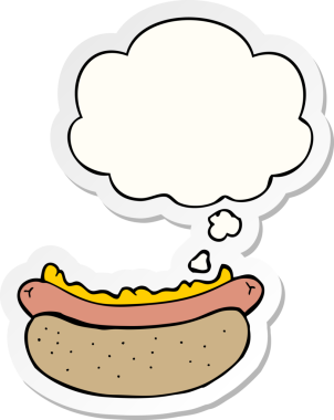 Düşünce baloncuklu çizgi film sosislisi insan tarafından çizilmiş bir çıkartma.