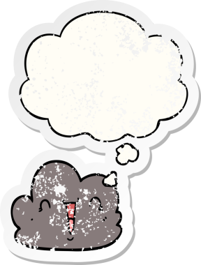 Düşünce baloncuğu ile çizgi film mutlu bulut bir insan tarafından çizilmiş yıpranmış bir çıkartma gibi