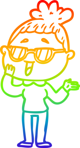 Bir insan tarafından çizilmiş gözlük takan mutlu bir kadının çizgi çizimi.