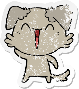 Bir insan tarafından çizilmiş el sallayan küçük bir köpek çizgi filminin sıkıntılı çıkartması.