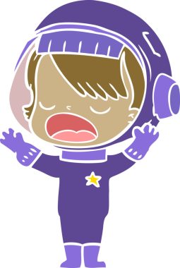 Düz renkli çizgi film astronot kız bir insan tarafından çizilmiş.