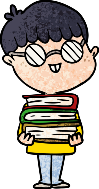 Bir insan tarafından çizilmiş gözlüklü ve kitaplı inek çocuk.