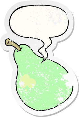 Konuşma baloncuğu olan çizgi film armudu bir insan tarafından çizilmiş sıkıntılı eski bir çıkartma