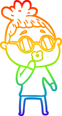 Bir insan tarafından çizilmiş gözlük takan bir karikatür kadının çizimi.